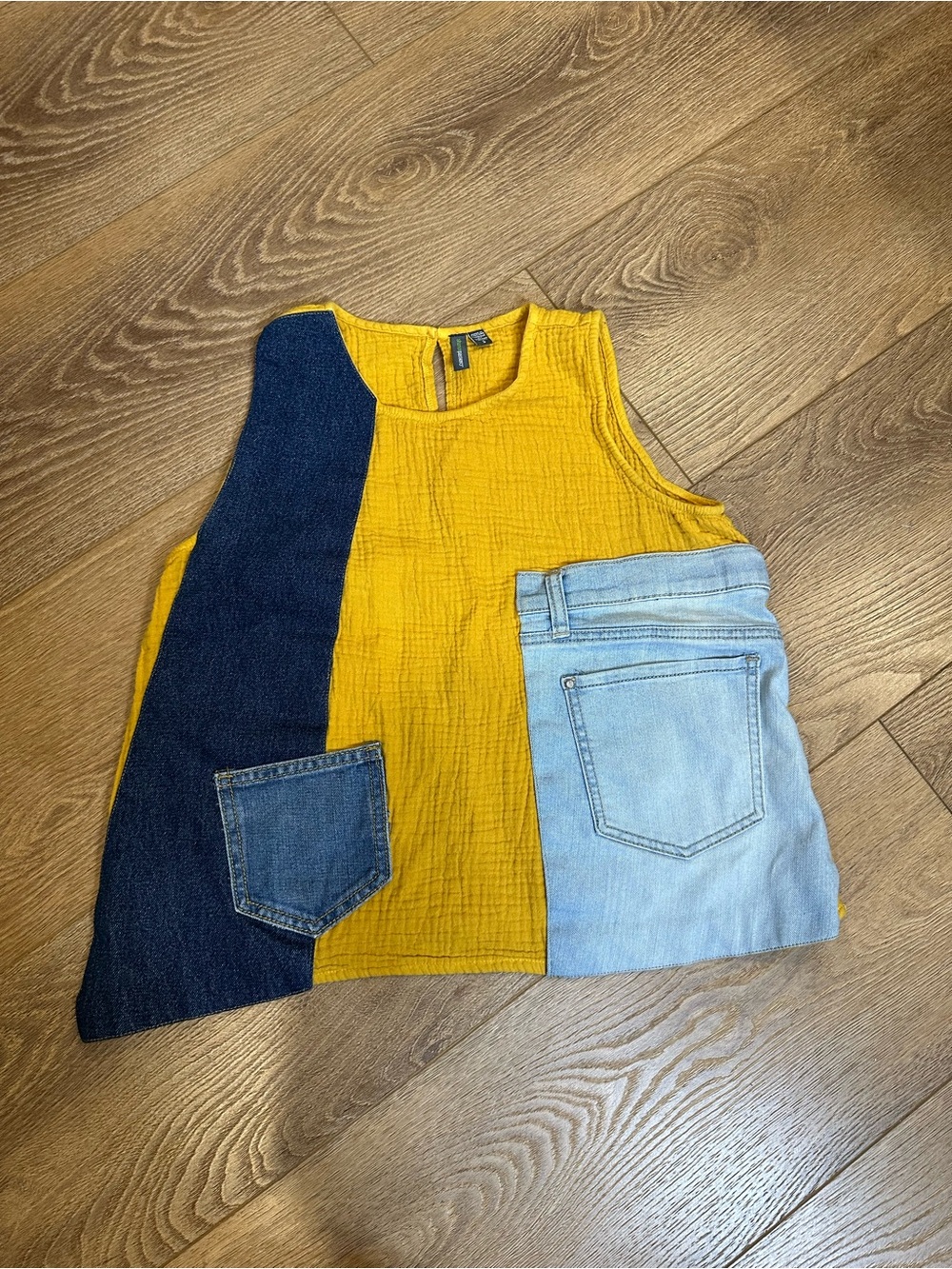 Colorblock Yellow & Navy Sleeveless Tank with Denim Pocket Detail